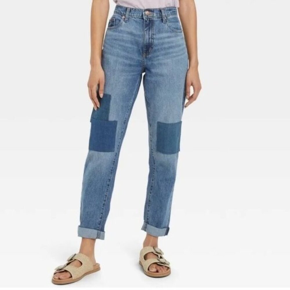Universal Thread Women's 6 Blue Cotton Patchwork High Rise Boyfriend Jeans
